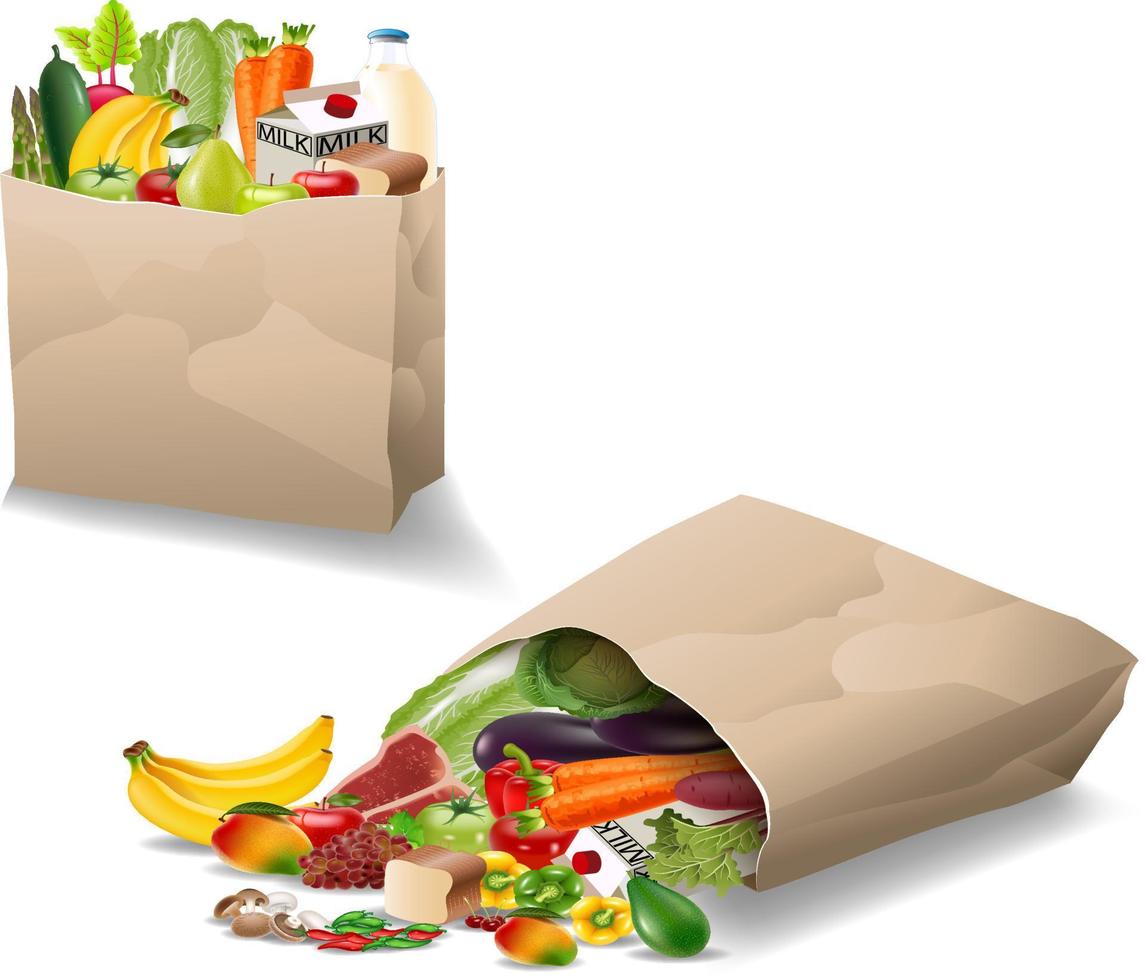 Fresh vegetables and fruits in a paper bag vector