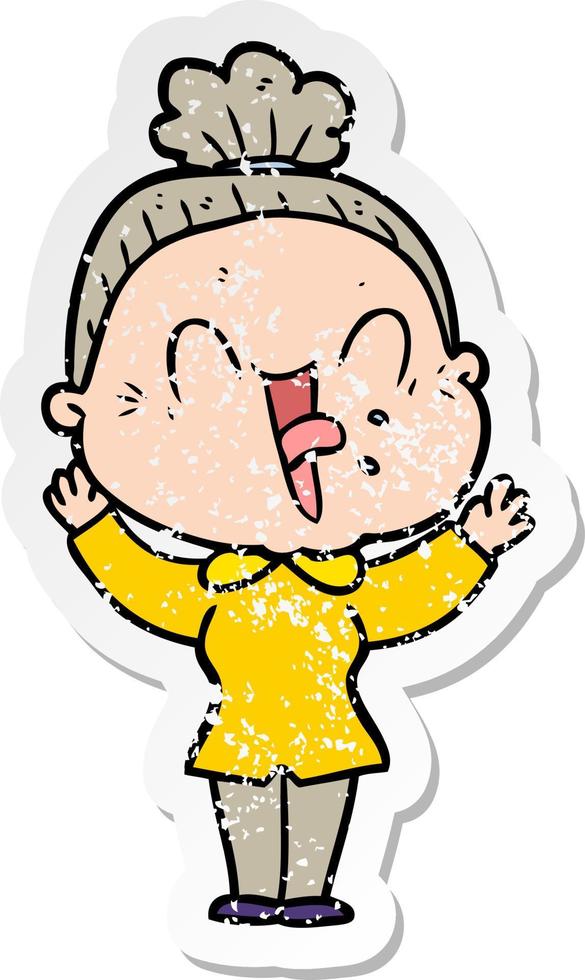 distressed sticker of a cartoon happy old woman vector