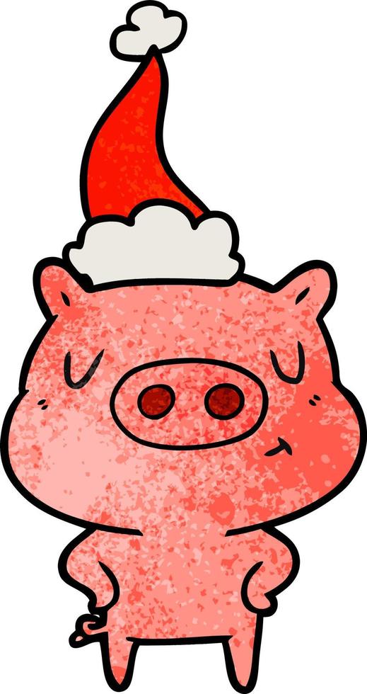 textured cartoon of a content pig wearing santa hat vector