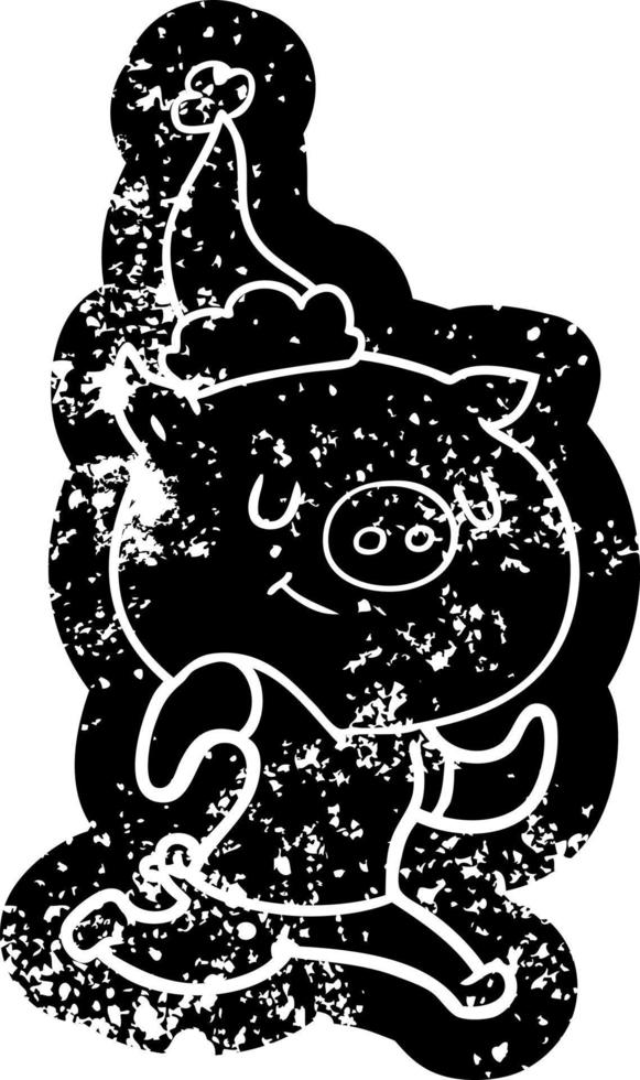 happy cartoon distressed icon of a pig running wearing santa hat vector