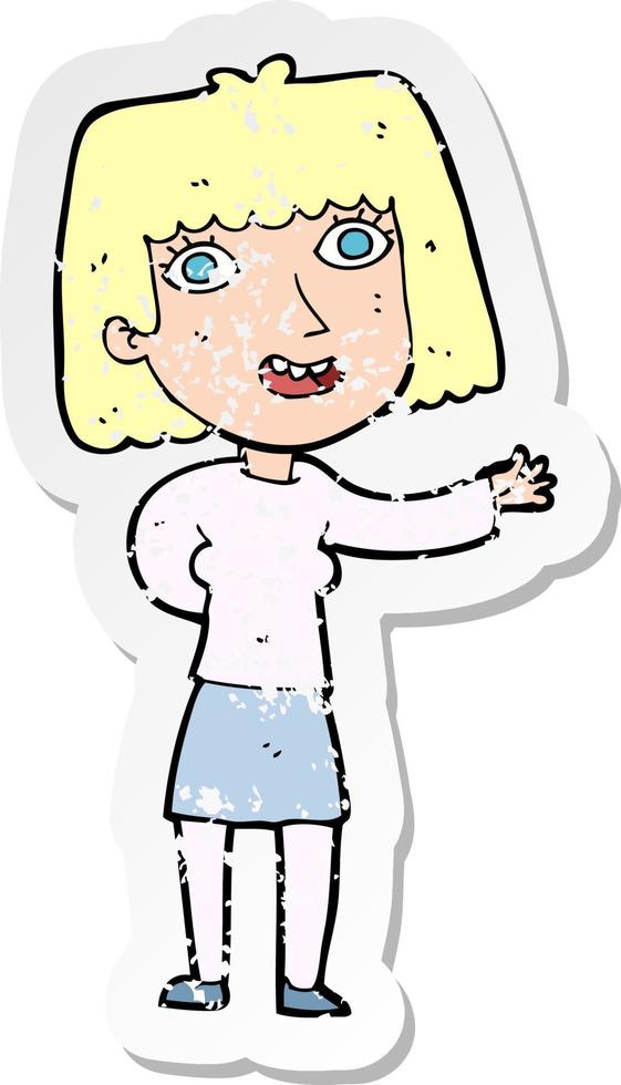 retro distressed sticker of a cartoon friendly woman waving vector