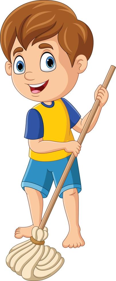Cartoon little boy mopping the floor vector