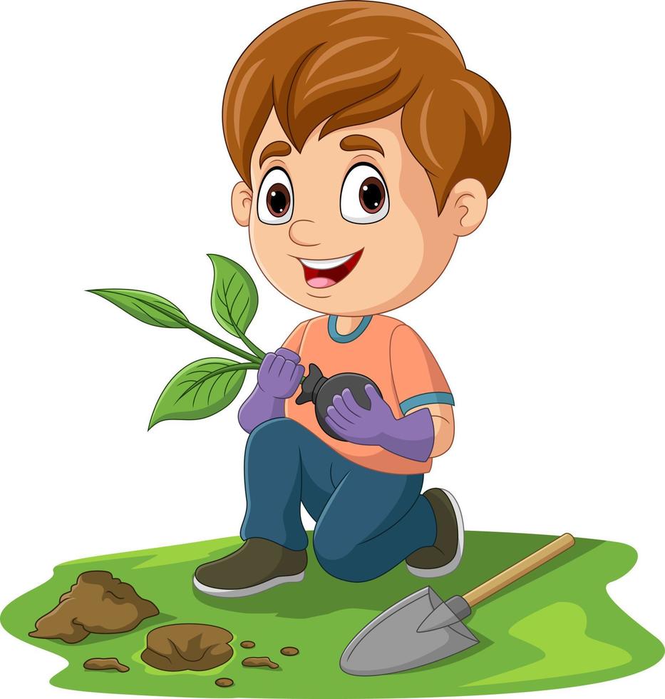 Cute little boy planting a plant vector
