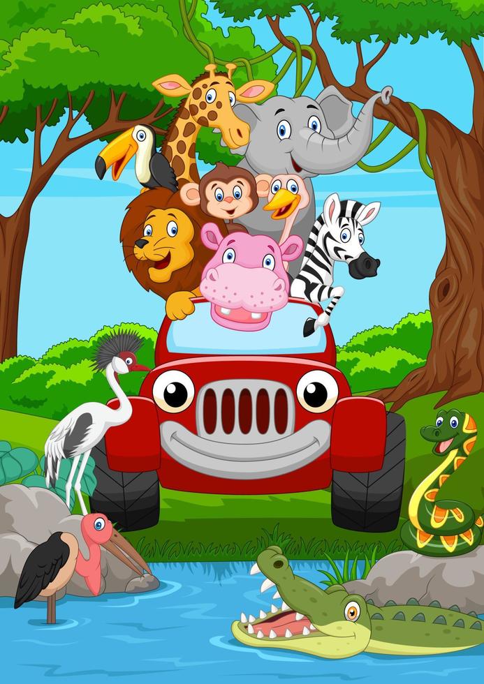animal salvaje de dibujos animados montando un coche rojo en la jungla vector
