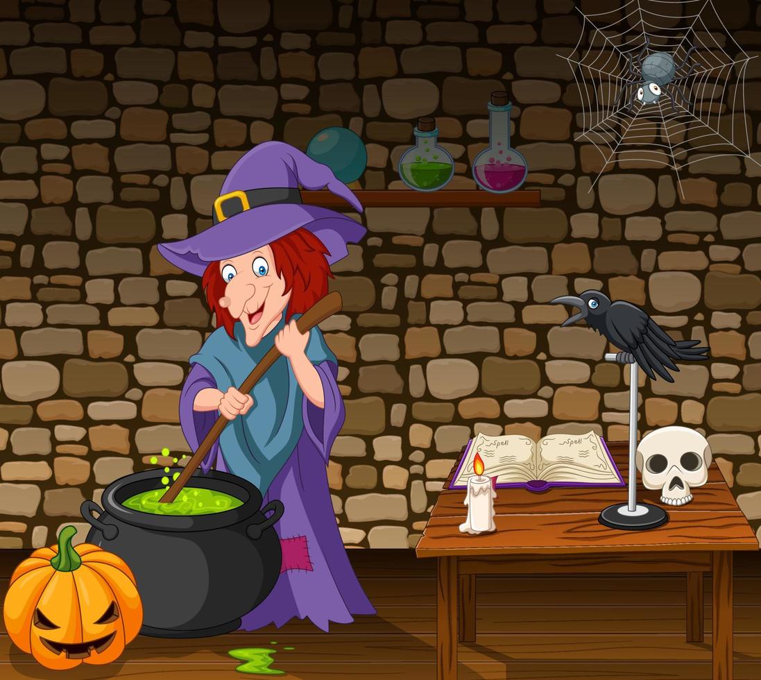 Halloween background with witch stirring magic potion vector