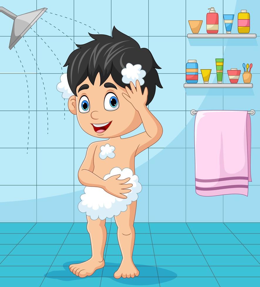 niño pequeño de dibujos animados tomando un baño vector
