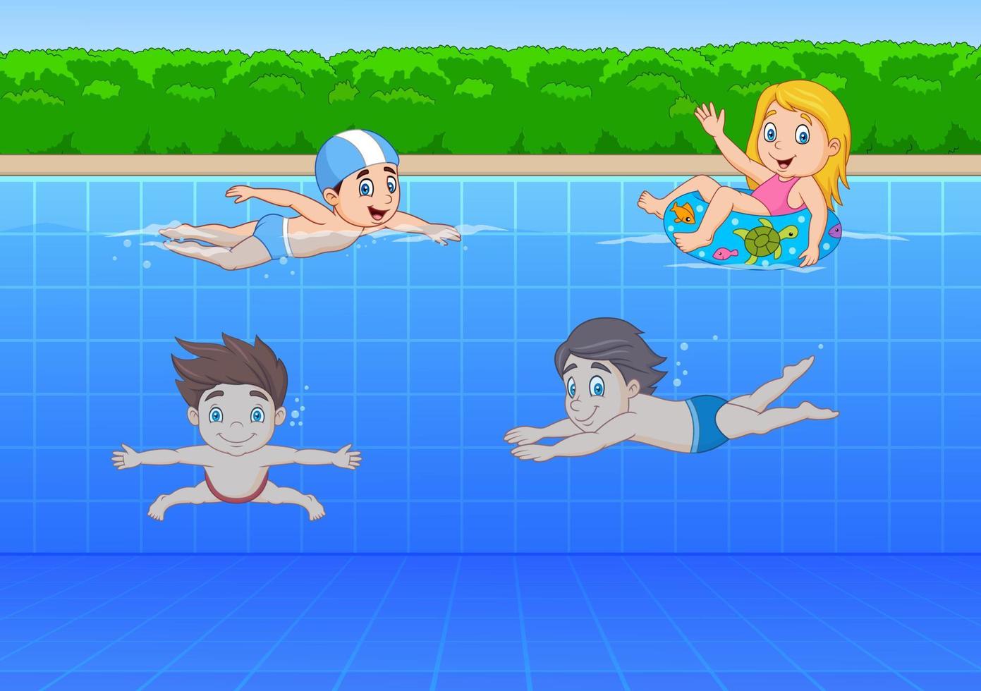 niños de dibujos animados nadando en la piscina vector