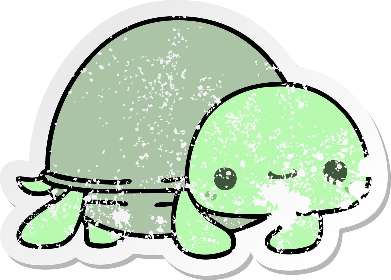 distressed sticker of a quirky hand drawn cartoon turtle vector