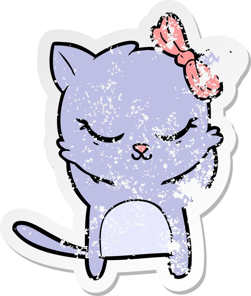 distressed sticker of a cute cartoon cat with bow vector