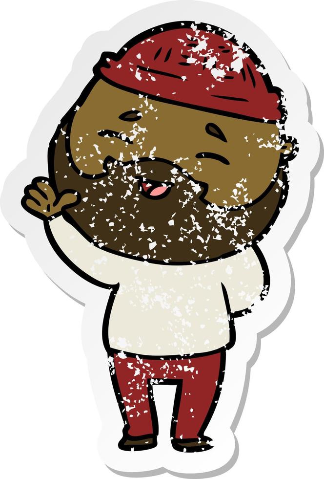 distressed sticker of a cartoon happy bearded man vector