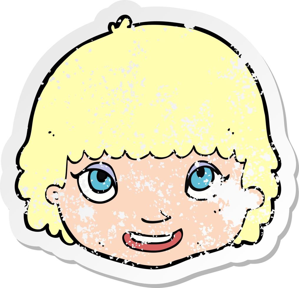 retro distressed sticker of a cartoon happy female face vector