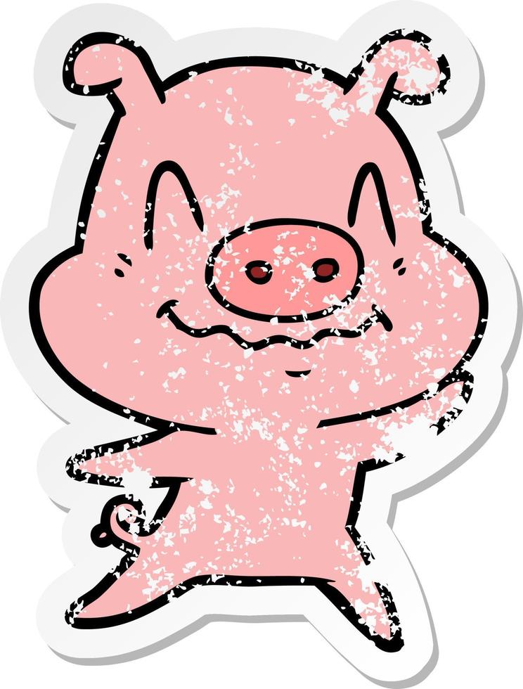 distressed sticker of a nervous cartoon pig vector