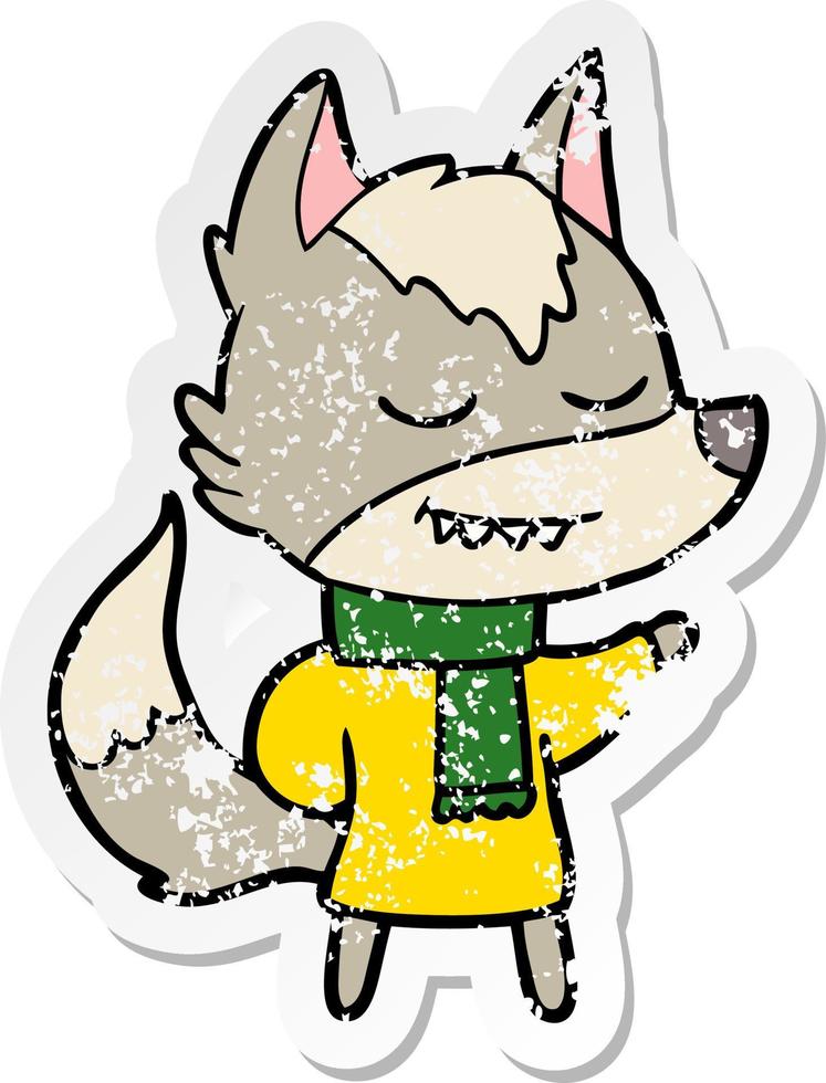 distressed sticker of a friendly cartoon wolf wearing scarf vector