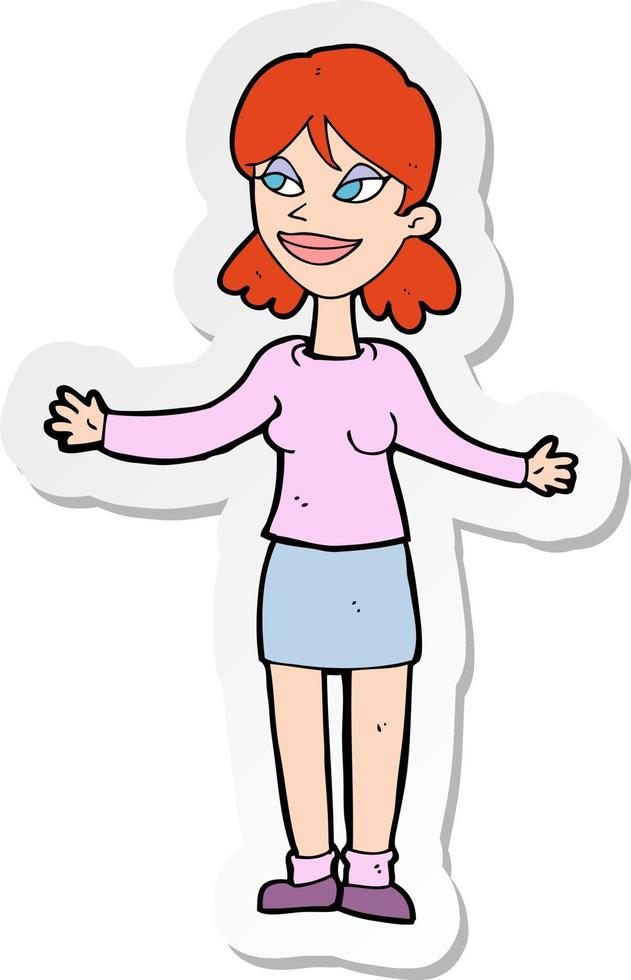 sticker of a cartoon happy woman shruggin shoulders vector