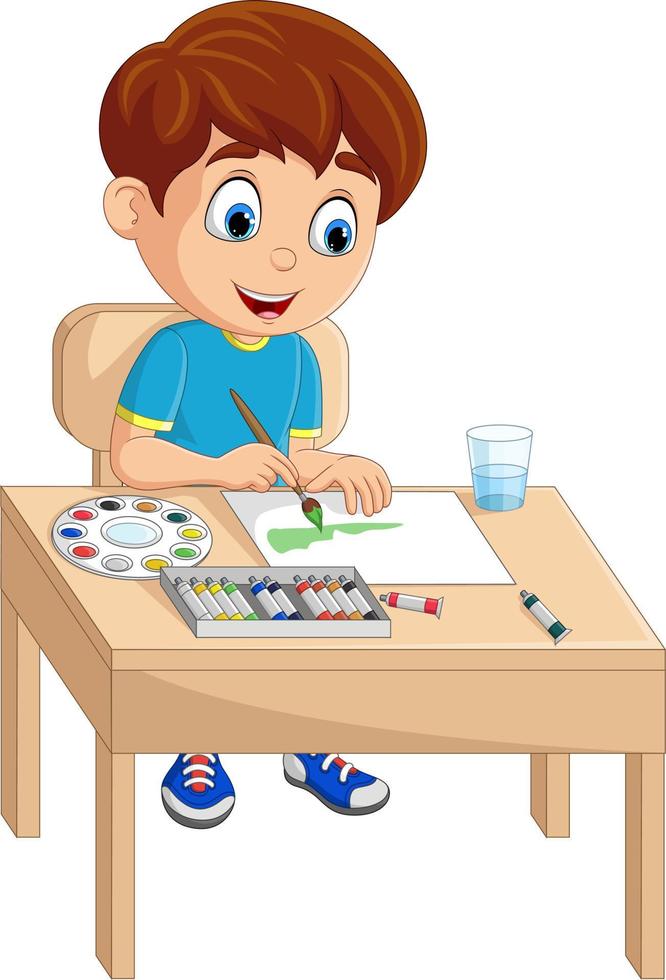 Cartoon little boy painting on the desk vector