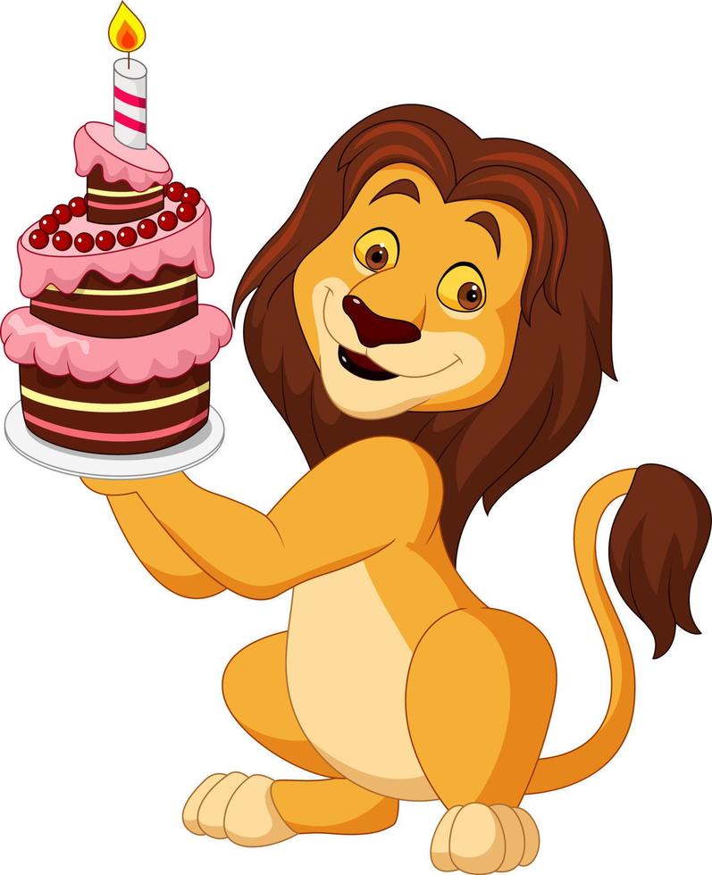 Cartoon lion holding birthday cake vector