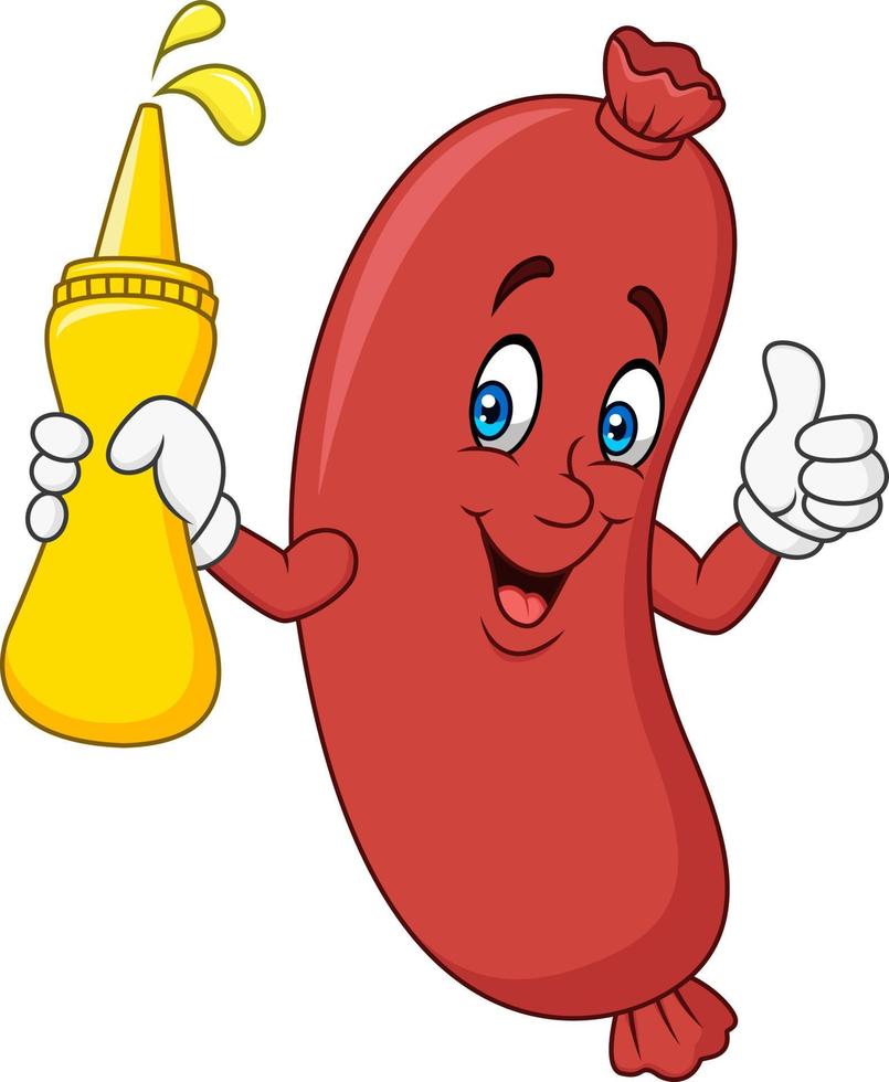 Cartoon sausage holding mustard sauce vector