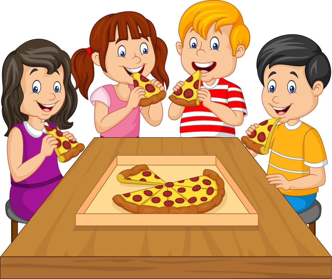 niños de dibujos animados comiendo pizza juntos vector