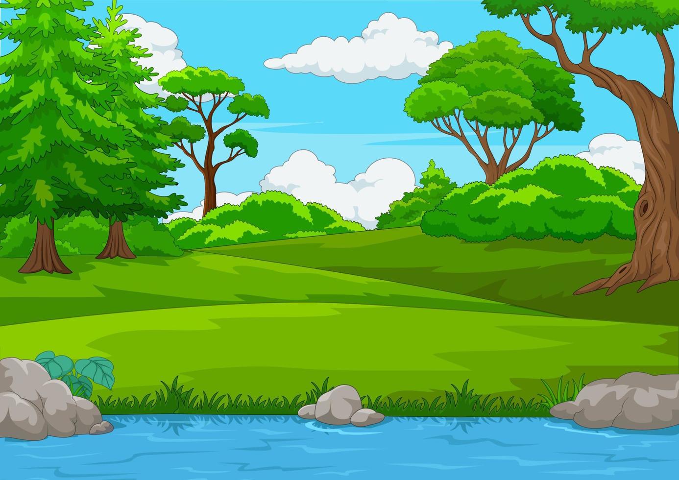 Forest scene with many trees and river illustration vector