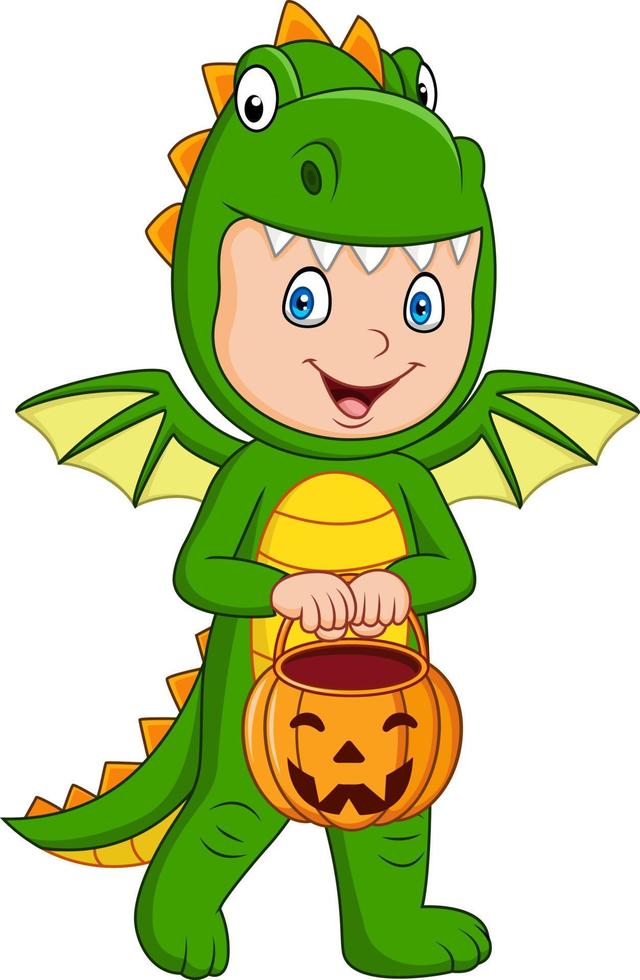 niño de dibujos animados con disfraz de dragón de halloween con cesta de calabaza vector