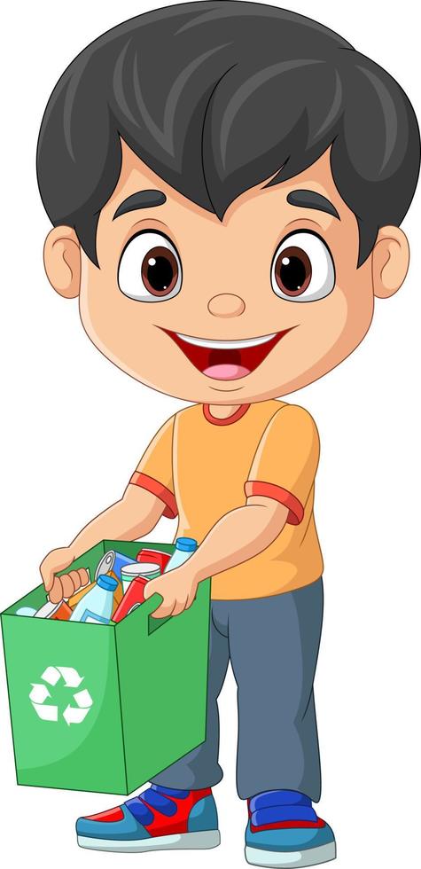 Cartoon boy gathering bottles into garbage bin vector