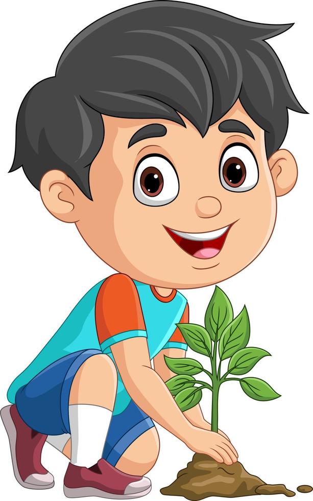 lindo niño plantando una planta vector