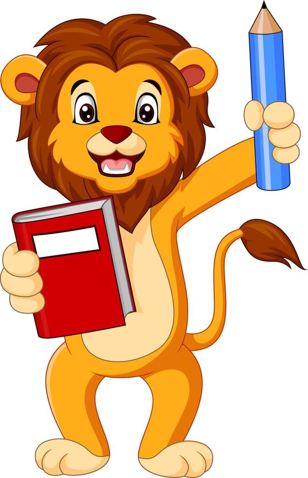 Cartoon lion holding book and pencil vector