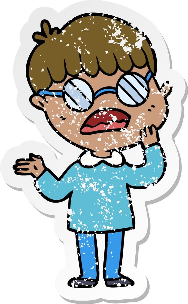 distressed sticker of a cartoon confused boy wearing spectacles vector