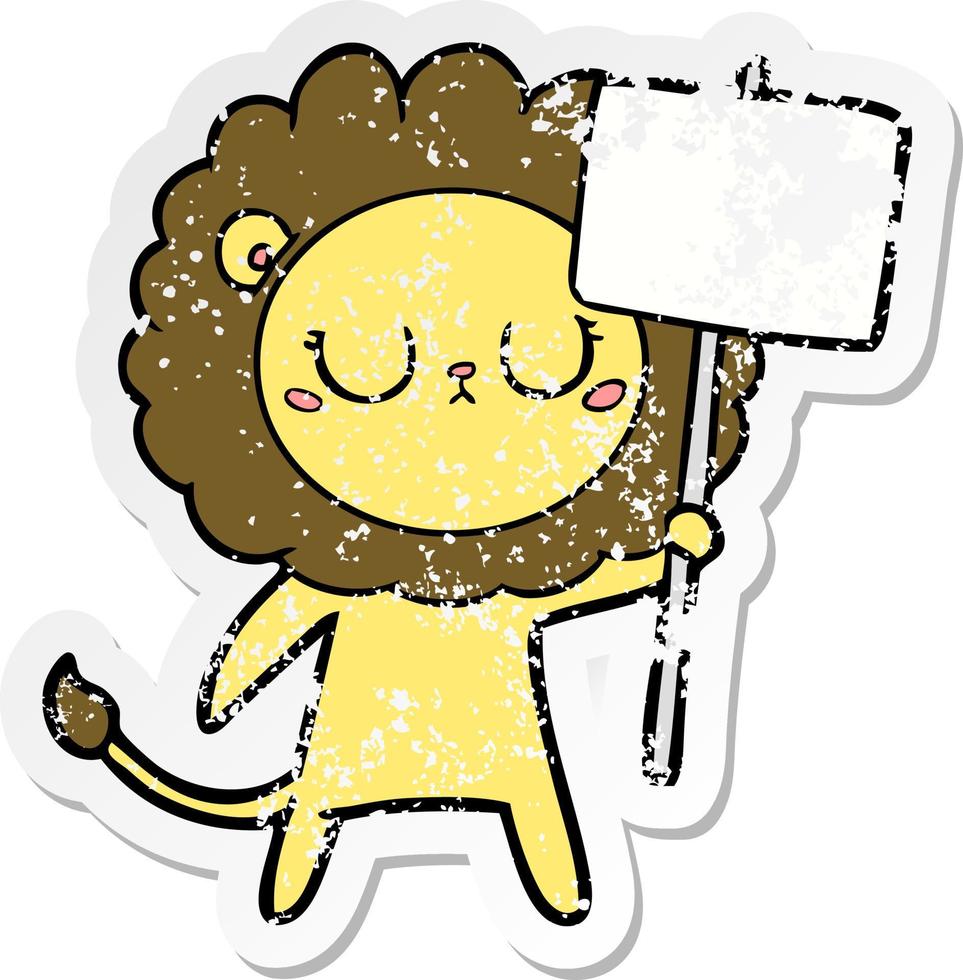 distressed sticker of a cartoon lion with protest sign vector