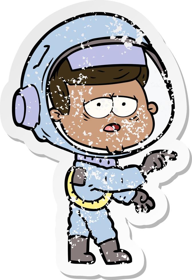 pegatina angustiada de un astronauta cansado de dibujos animados vector