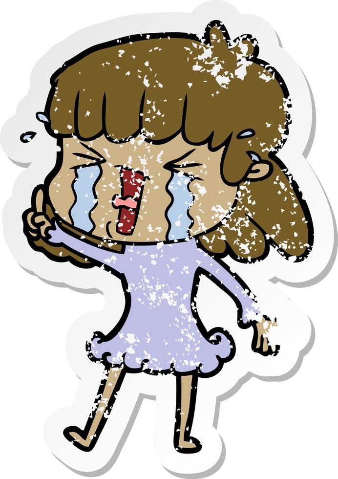 distressed sticker of a cartoon woman in tears vector