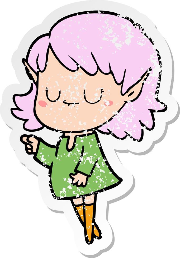 distressed sticker of a happy cartoon elf girl vector