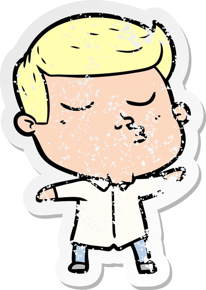 distressed sticker of a cartoon model guy pouting vector