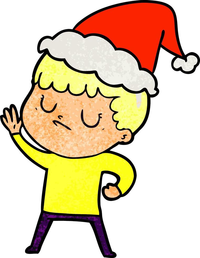 textured cartoon of a grumpy boy wearing santa hat vector