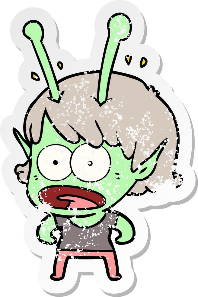 distressed sticker of a cartoon shocked alien girl vector
