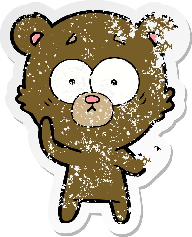 distressed sticker of a surprised bear cartoon vector