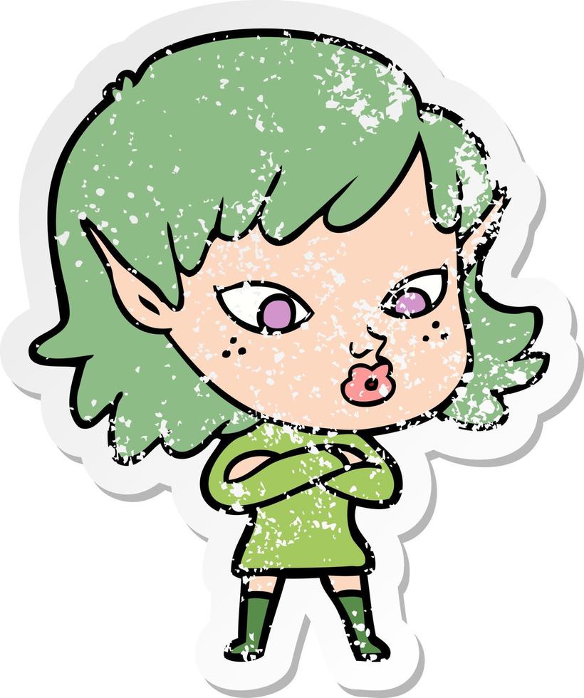 distressed sticker of a pretty cartoon elf girl vector
