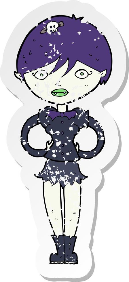 retro distressed sticker of a cartoon pretty vampire girl vector