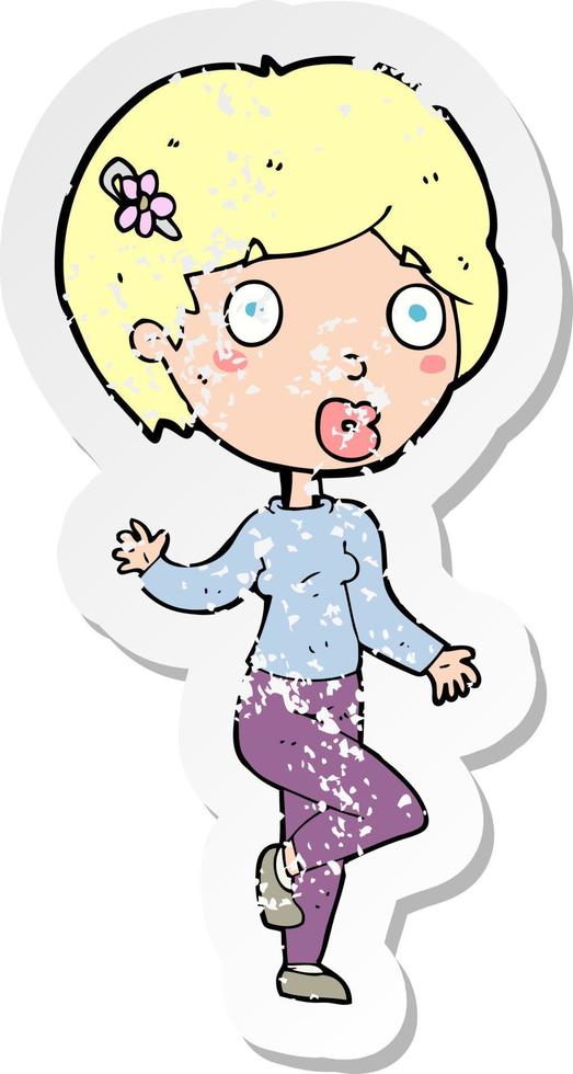 retro distressed sticker of a cartoon suprised woman vector