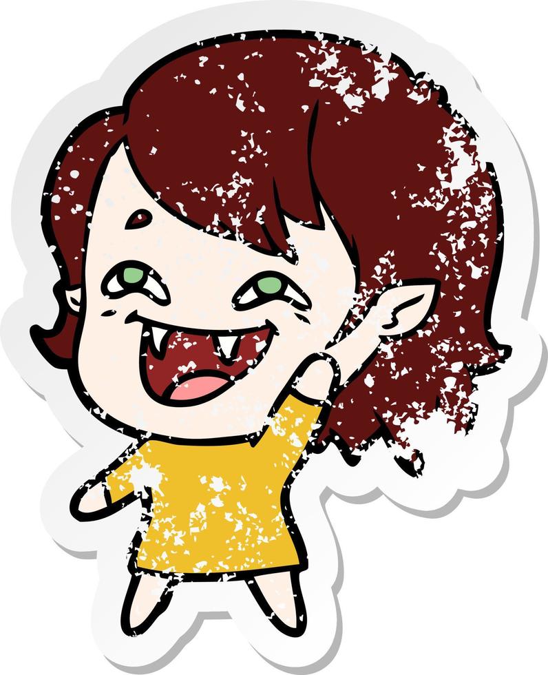 distressed sticker of a cartoon laughing vampire girl vector