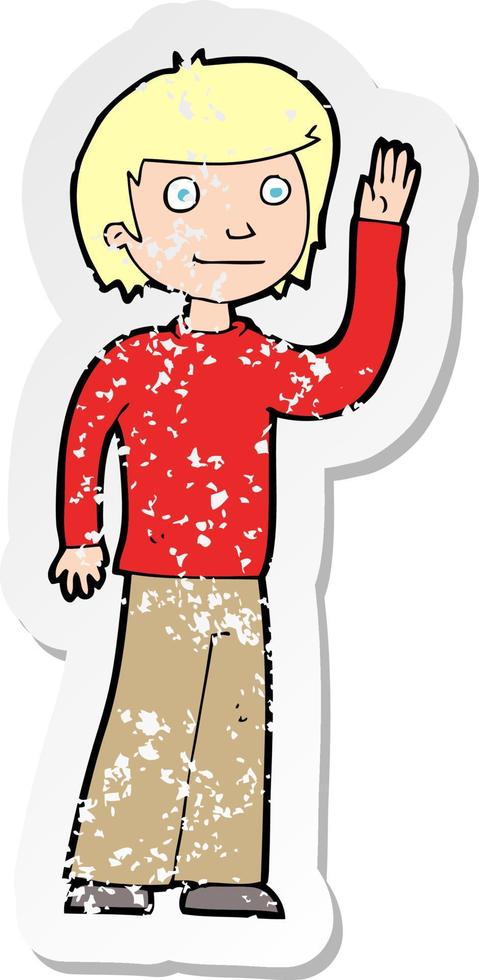 retro distressed sticker of a cartoon friendly boy waving vector