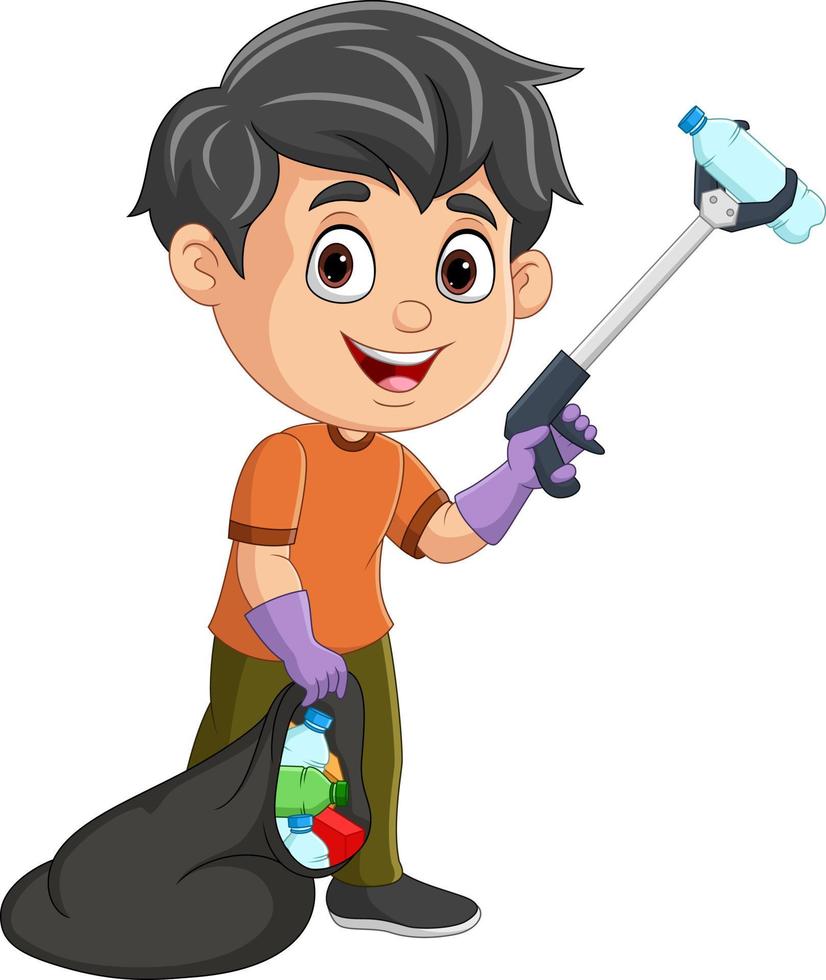 Cartoon boy collecting plastic garbage with litter stick vector