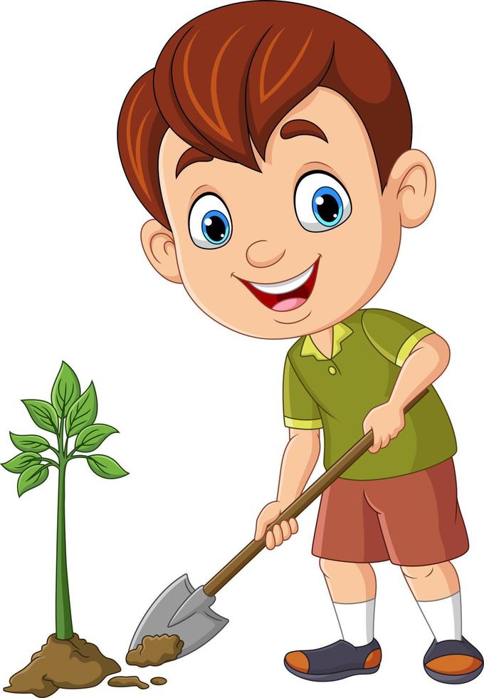 Cartoon cute little boy planting a plant vector