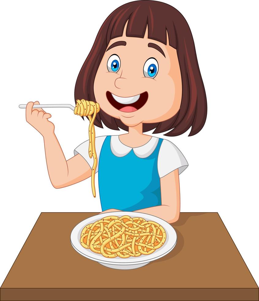 niña comiendo espaguetis vector