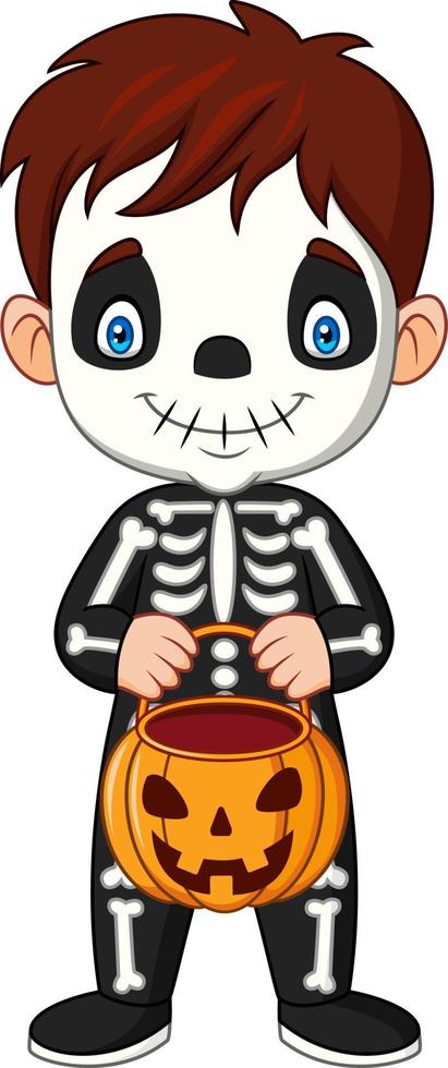 niño de dibujos animados con traje de esqueleto con cesta de calabaza vector