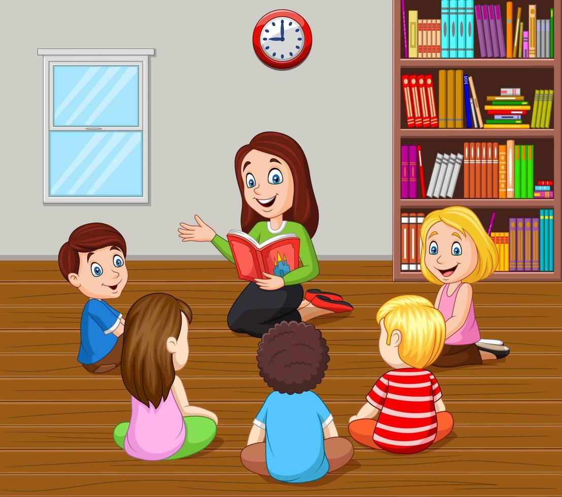 Teacher telling a story to kids in the classroom vector