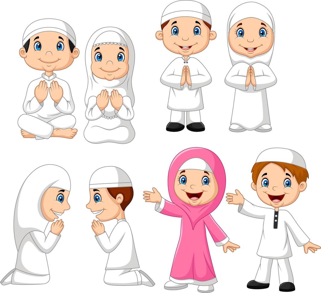 Cartoon Muslim kid collection set vector