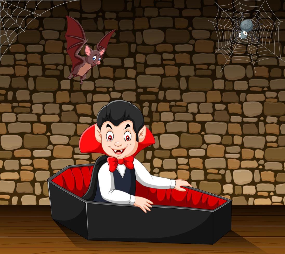 Cartoon happy vampire in his coffin vector