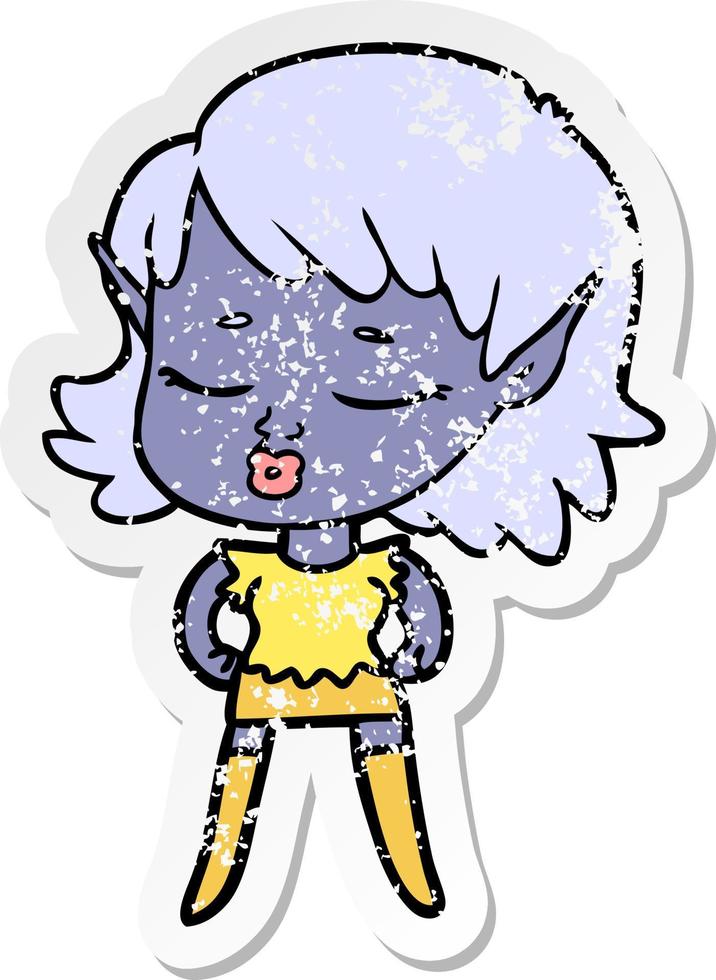 distressed sticker of a pretty cartoon elf girl vector