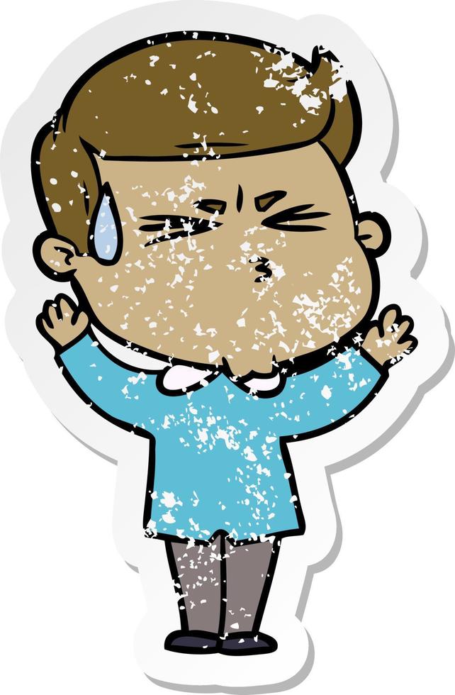 distressed sticker of a cartoon man sweating vector